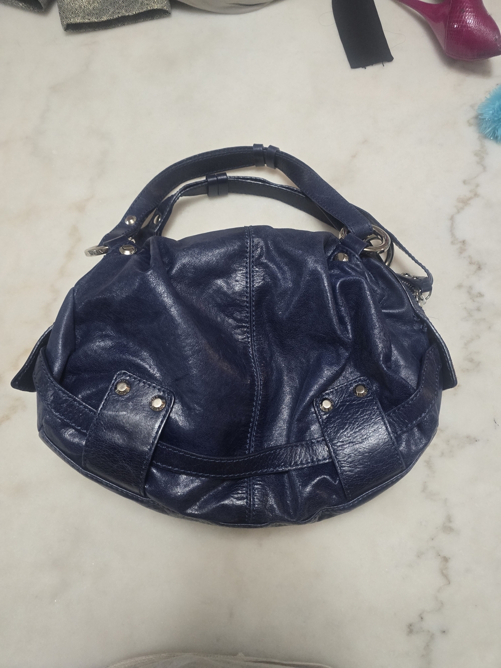 NICOLI Navy Leather Slouch Shoulder Bag